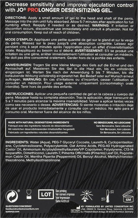 JO Prolonger Gel - Benzocaine Free - Desensitizer 2 floz / 60 mL - FifthGate